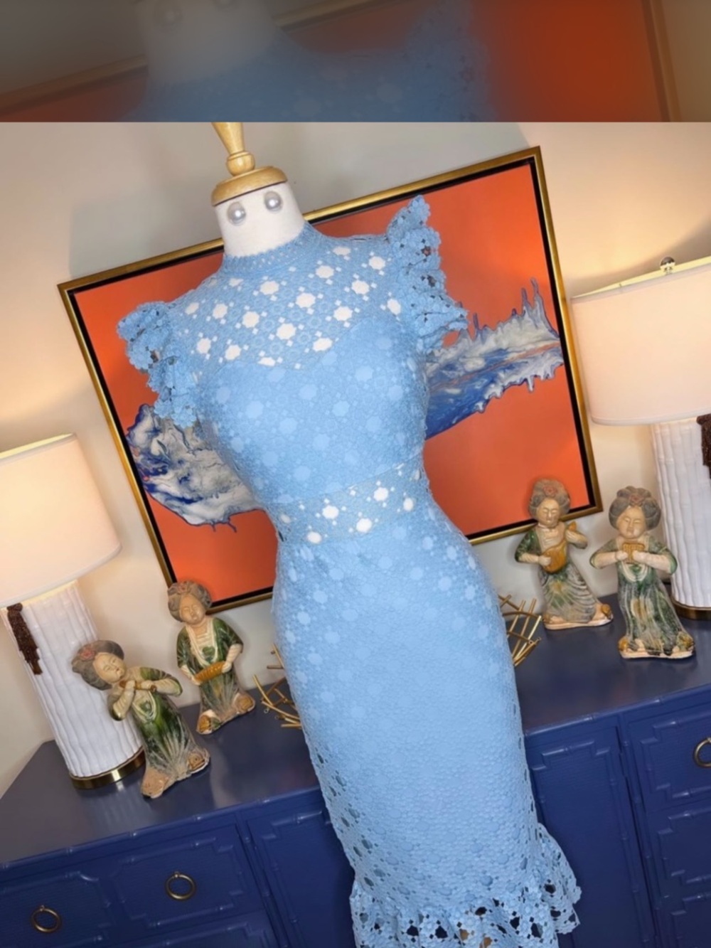 Boutique Light Blue Lace Midi Dress with Flutter Sleeves